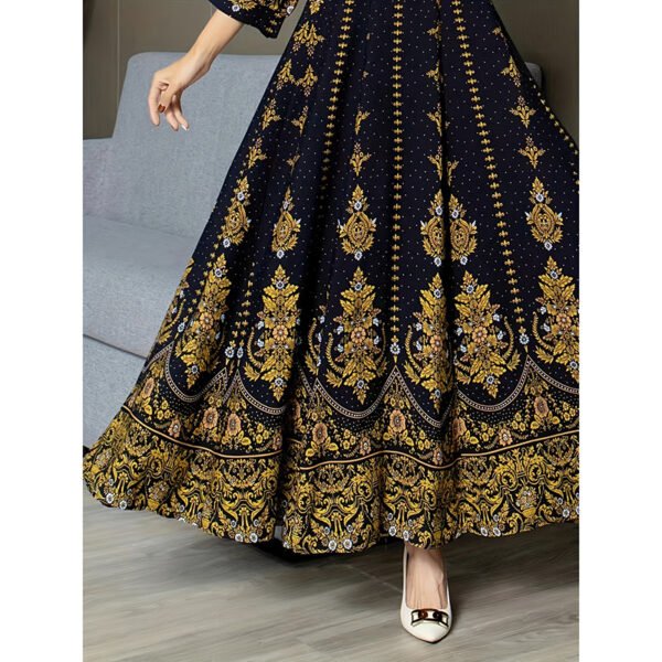 Women's Boho V Neck Maxi Dress Elegant 3 4 Sleeve Ethnic Floral Print Swing Dress