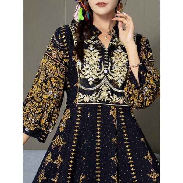 Women's Boho V Neck Maxi Dress Elegant 3 4 Sleeve Ethnic Floral Print Swing Dress