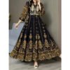 Women's Boho V Neck Maxi Dress Elegant 3 4 Sleeve Ethnic Floral Print Swing Dress